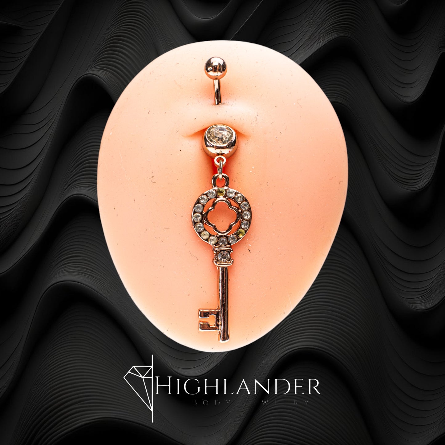 Rose Gold Key with Clear CZ Navel Piercing - Dangle