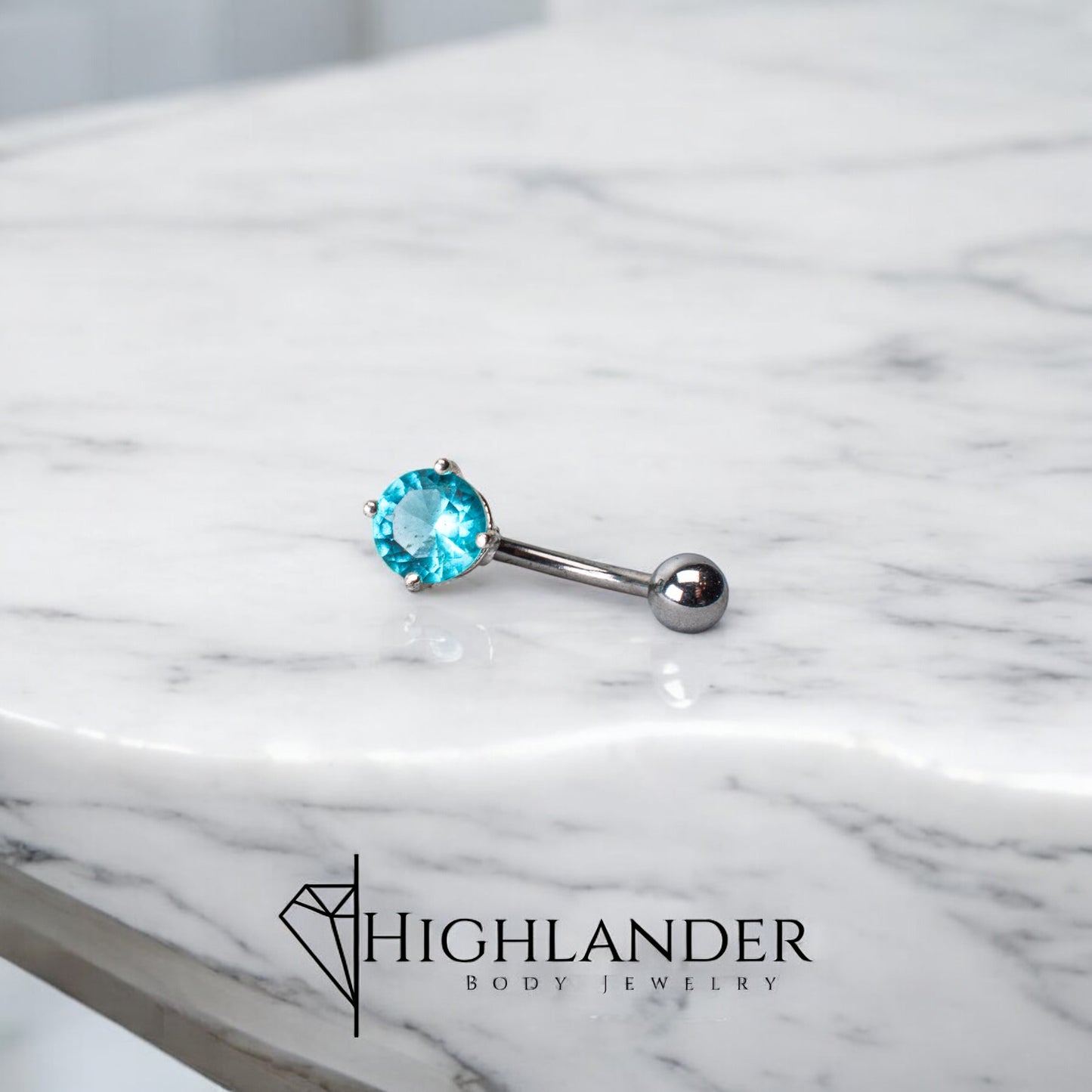 Small Round Aqua CZ Solitaire Navel Piercing - Non Dangle