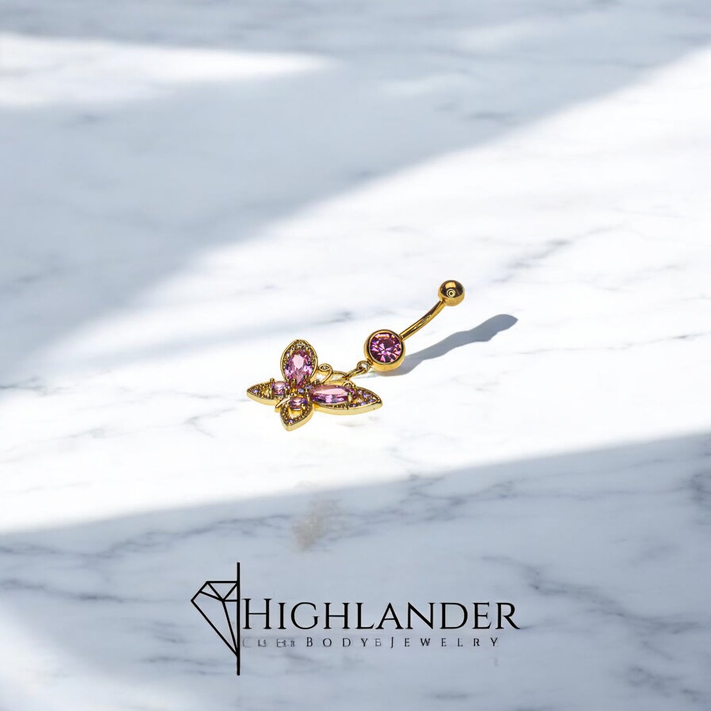 Gold Clear and Pink CZ Butterfly Navel Piercing - Dangle