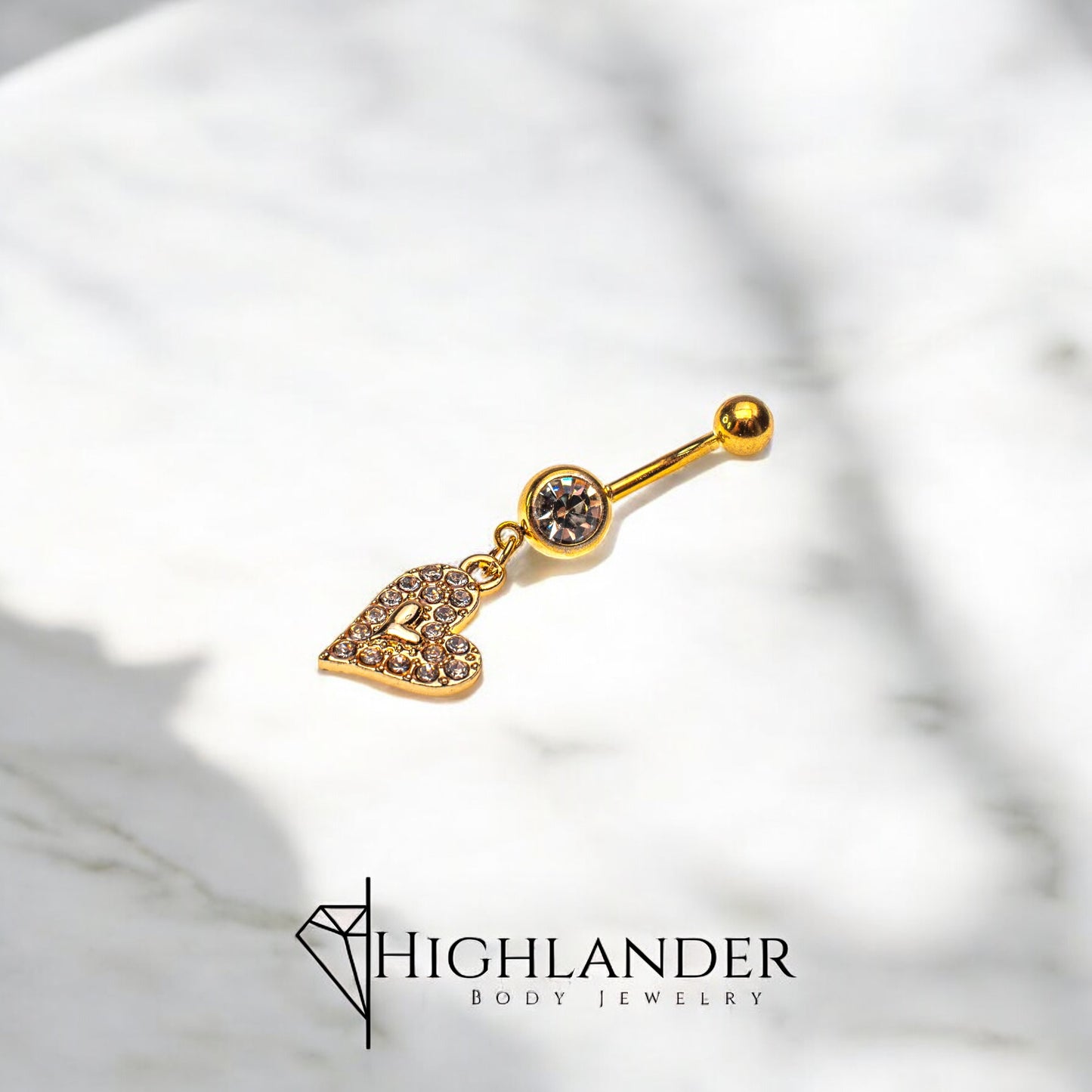 Gold Clear CZ Paved Asymmetrical Heart Navel Piercing - Dangle