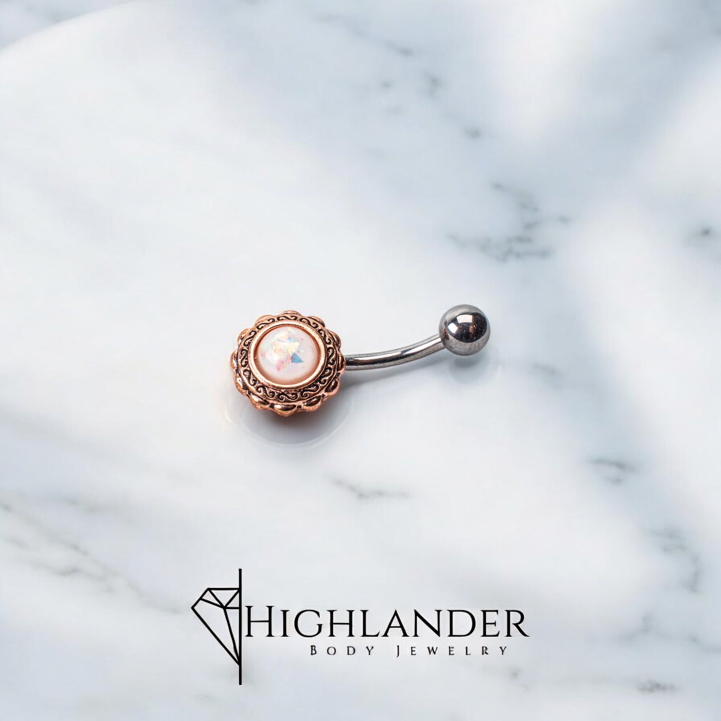 White Opal with Rose Gold Surround Navel Piercing - Non Dangle