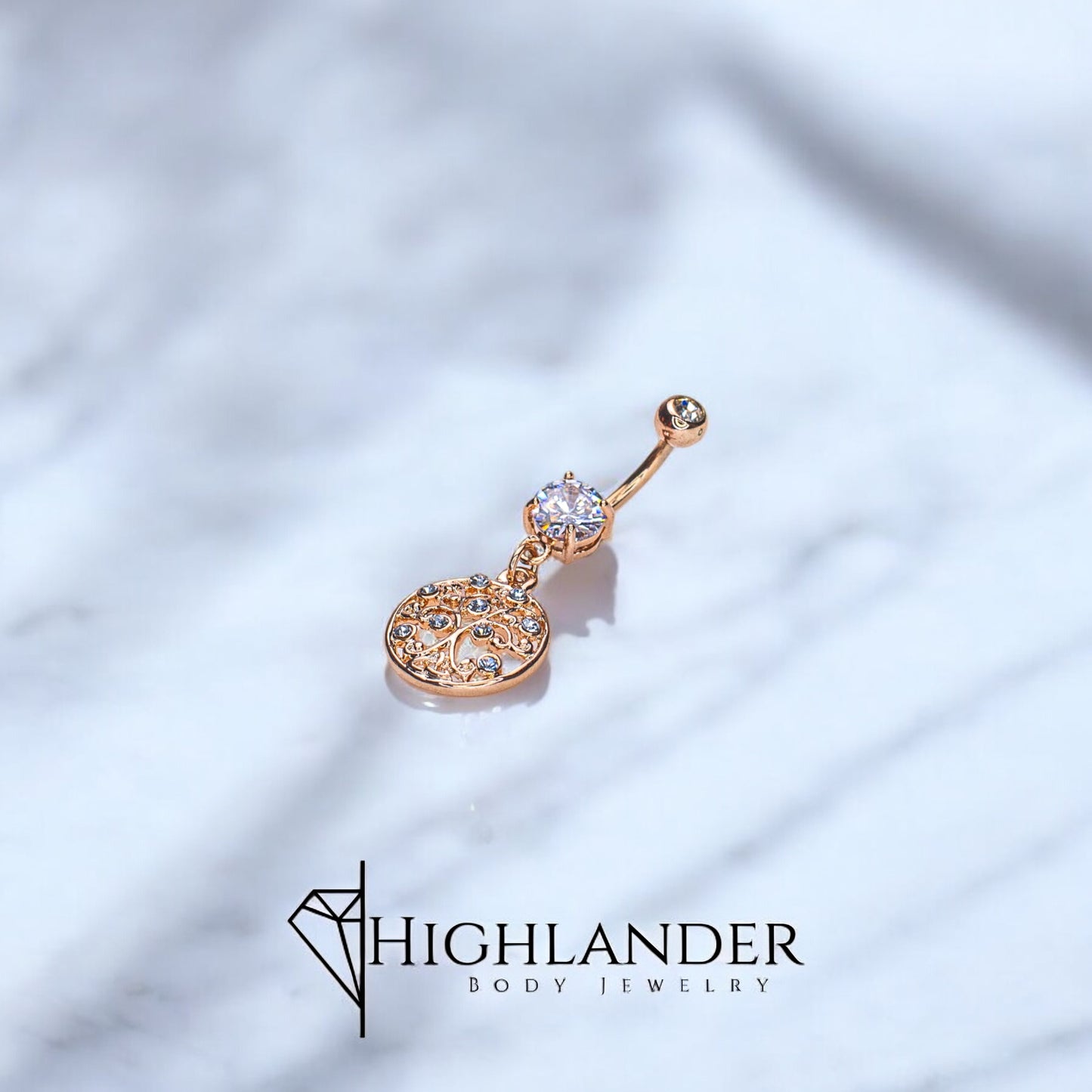 Rose Gold Filigree Tree of Life with Clear CZ Navel Piercing - Dangle