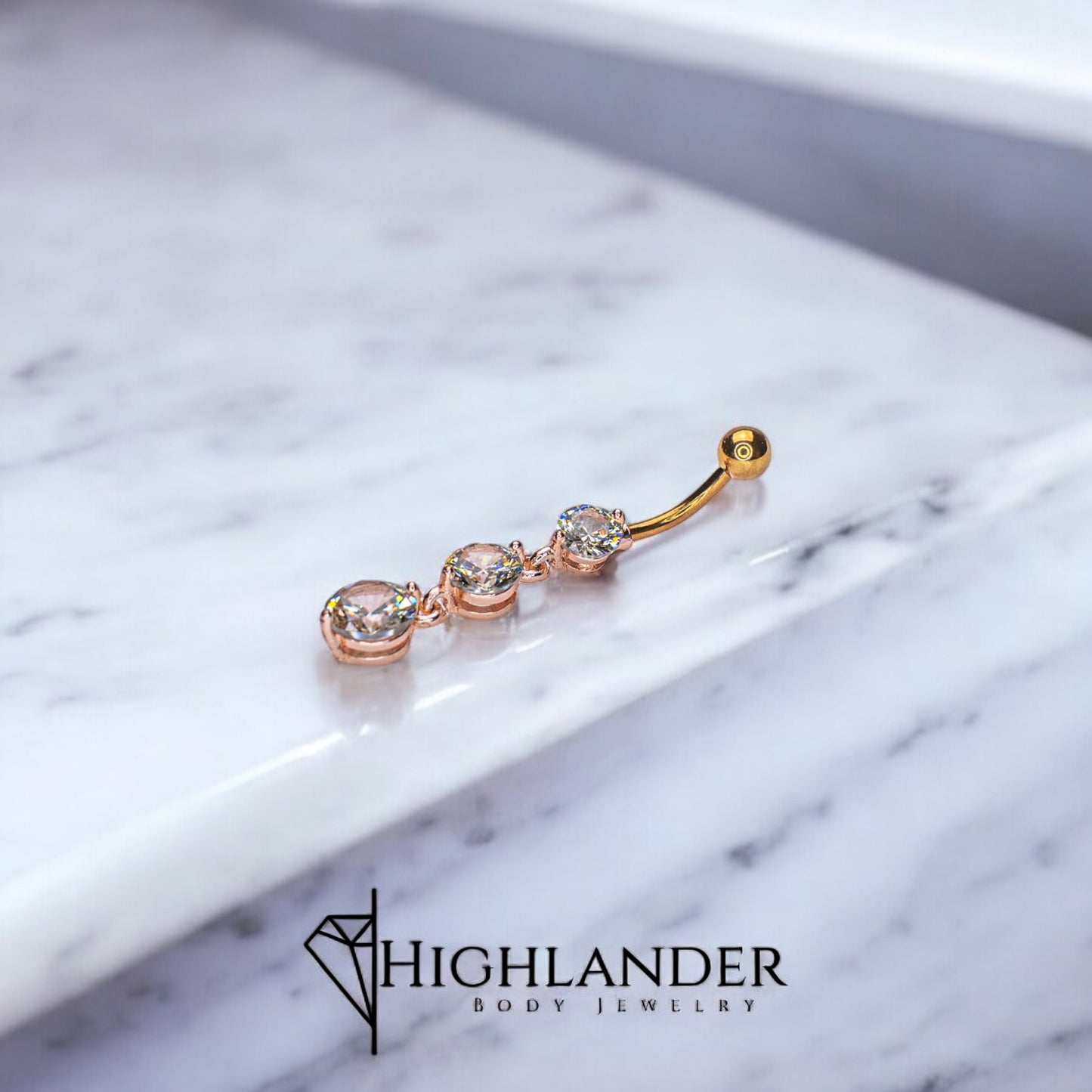 Rose Gold Three Graduated Clear Round CZ Navel Piercing - Dangle