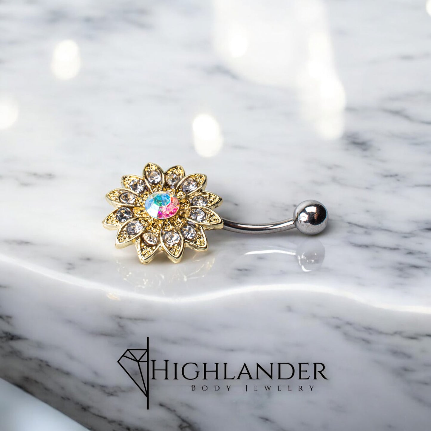 Gold Clear and Aurora Borealis CZ Flower Navel Piercing - Non Dangle