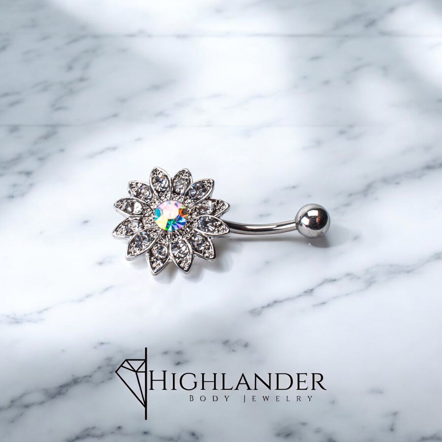 Clear and Aurora Borealis CZ Flower Navel Piercing - Non Dangle