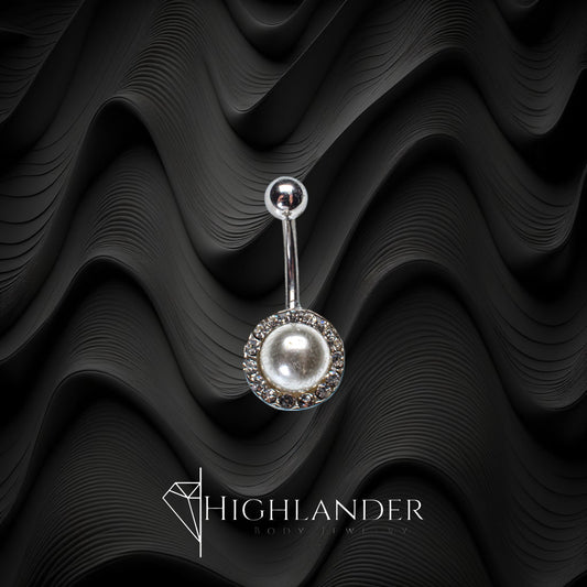 Pearl with Clear CZ Halo Navel Piercing - Non Dangle