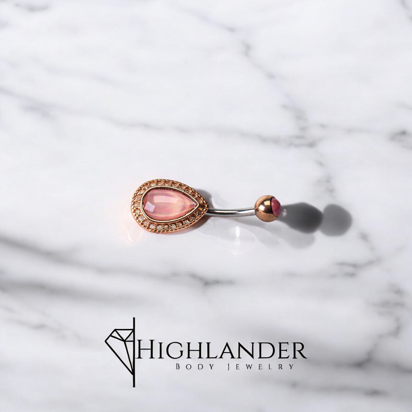 Pink Illuminating Stone Teardrop Surrounded by Rose Gold Navel Piercing - Non Dangle