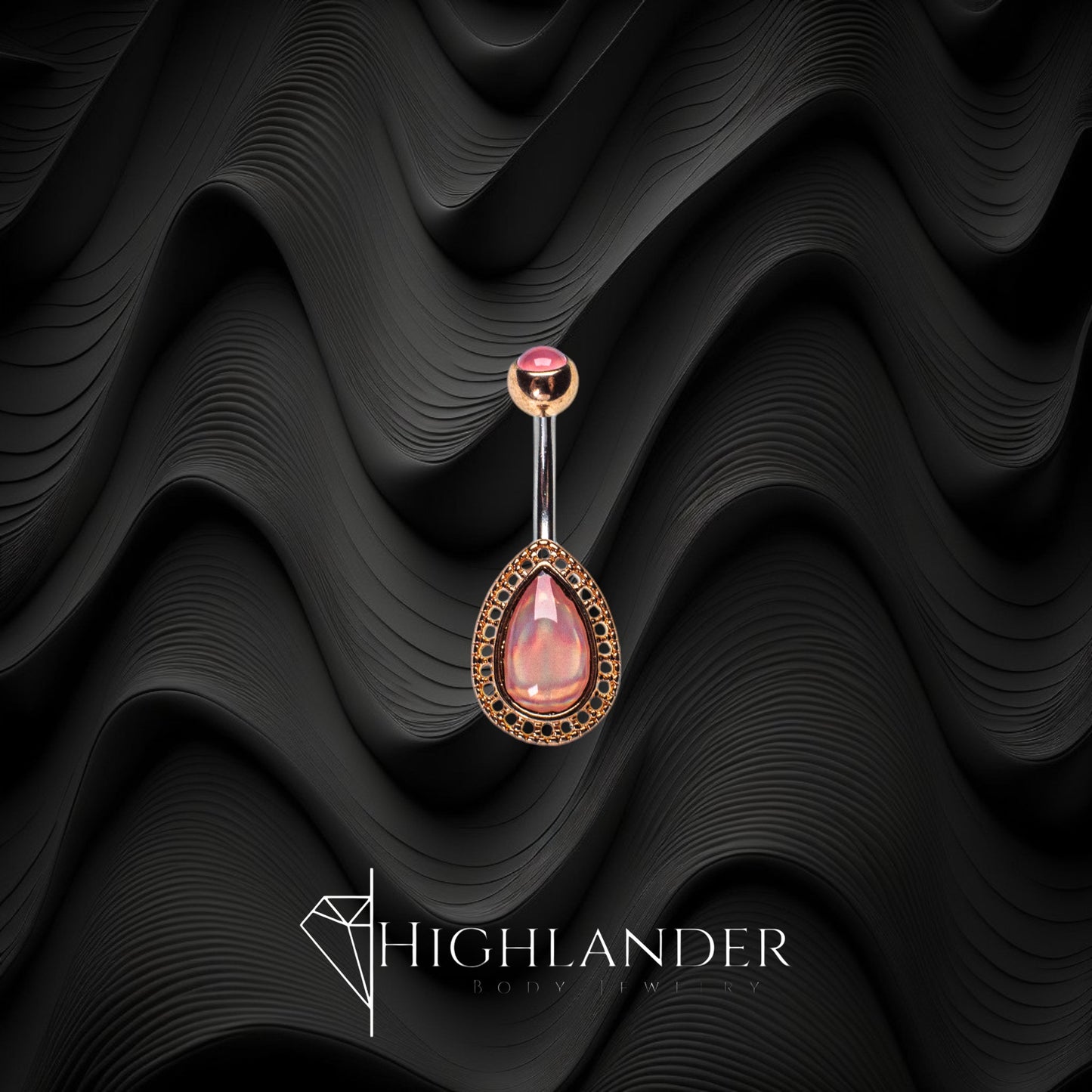 Pink Illuminating Stone Teardrop Surrounded by Rose Gold Navel Piercing - Non Dangle