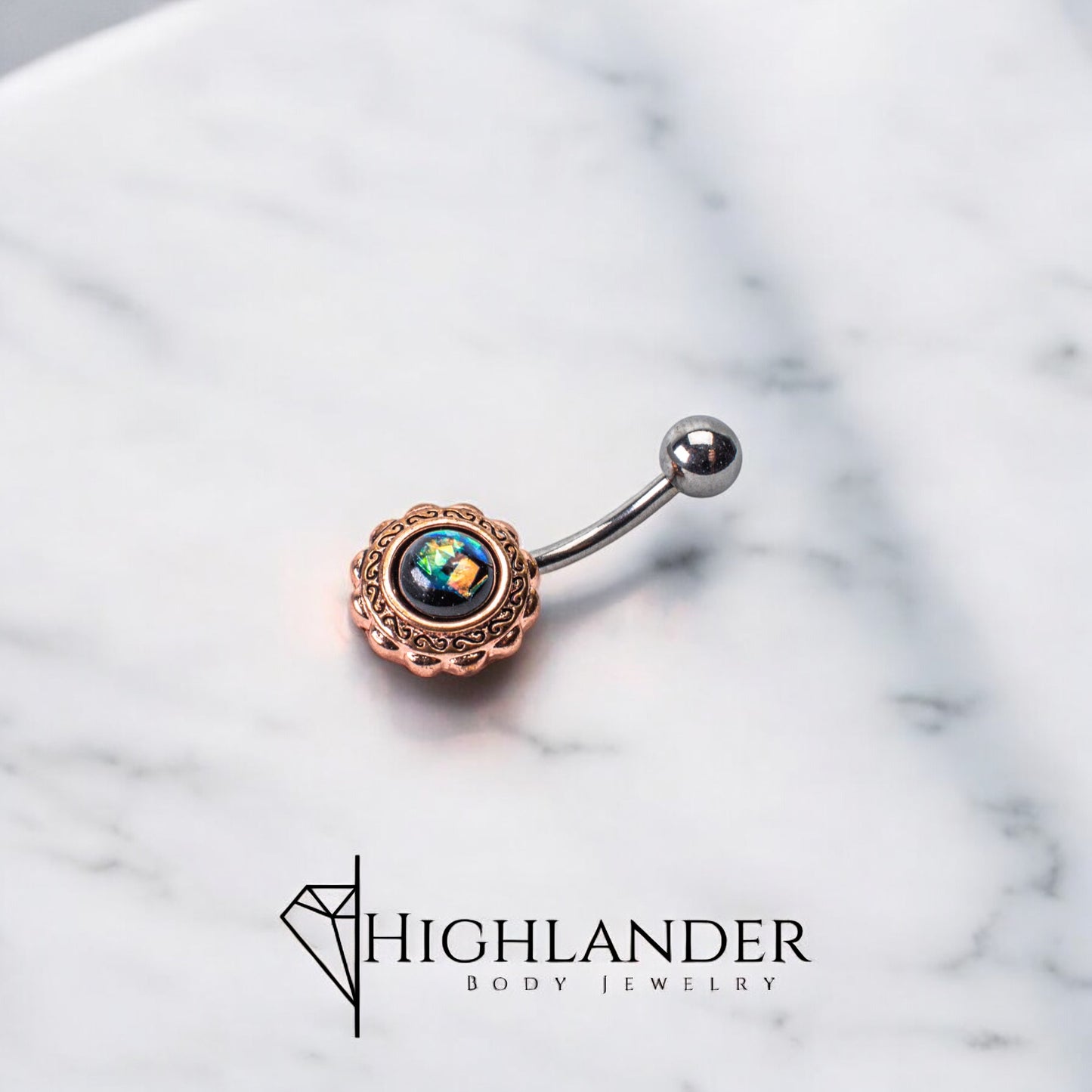 Rose Gold Banded Green Opal Navel Piercing - Non Dangle