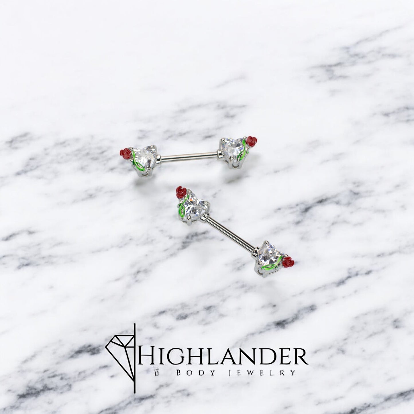 Clear CZ Heart with Enamel Rose Nipple Barbells