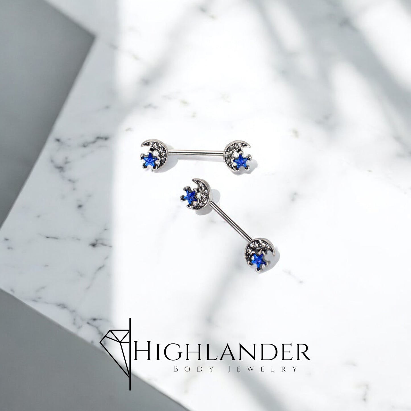 Clear CZ Paved Crescent Moon with Sapphire CZ Star Nipple Barbells