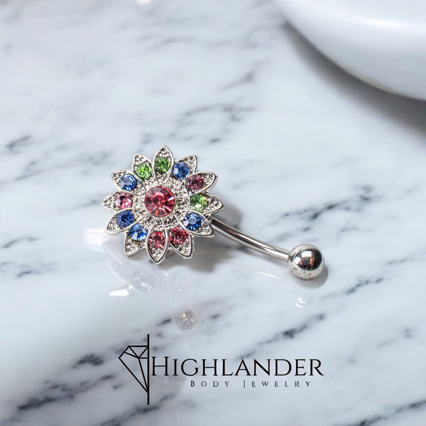 Multi Color CZ Flower Navel Piercing - Non Dangle