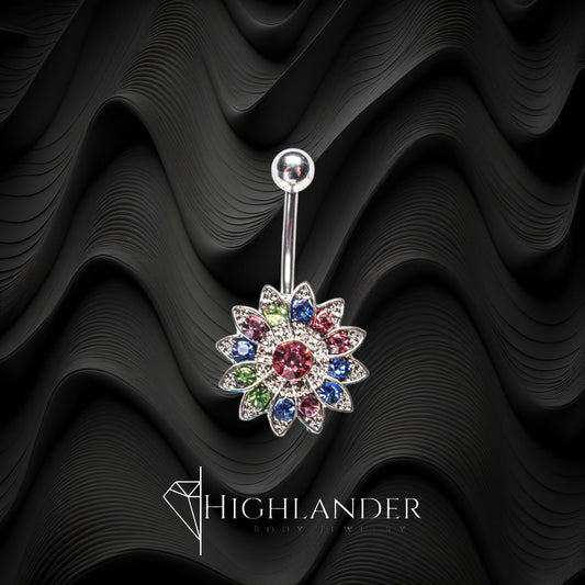 Multi Color CZ Flower Navel Piercing - Non Dangle