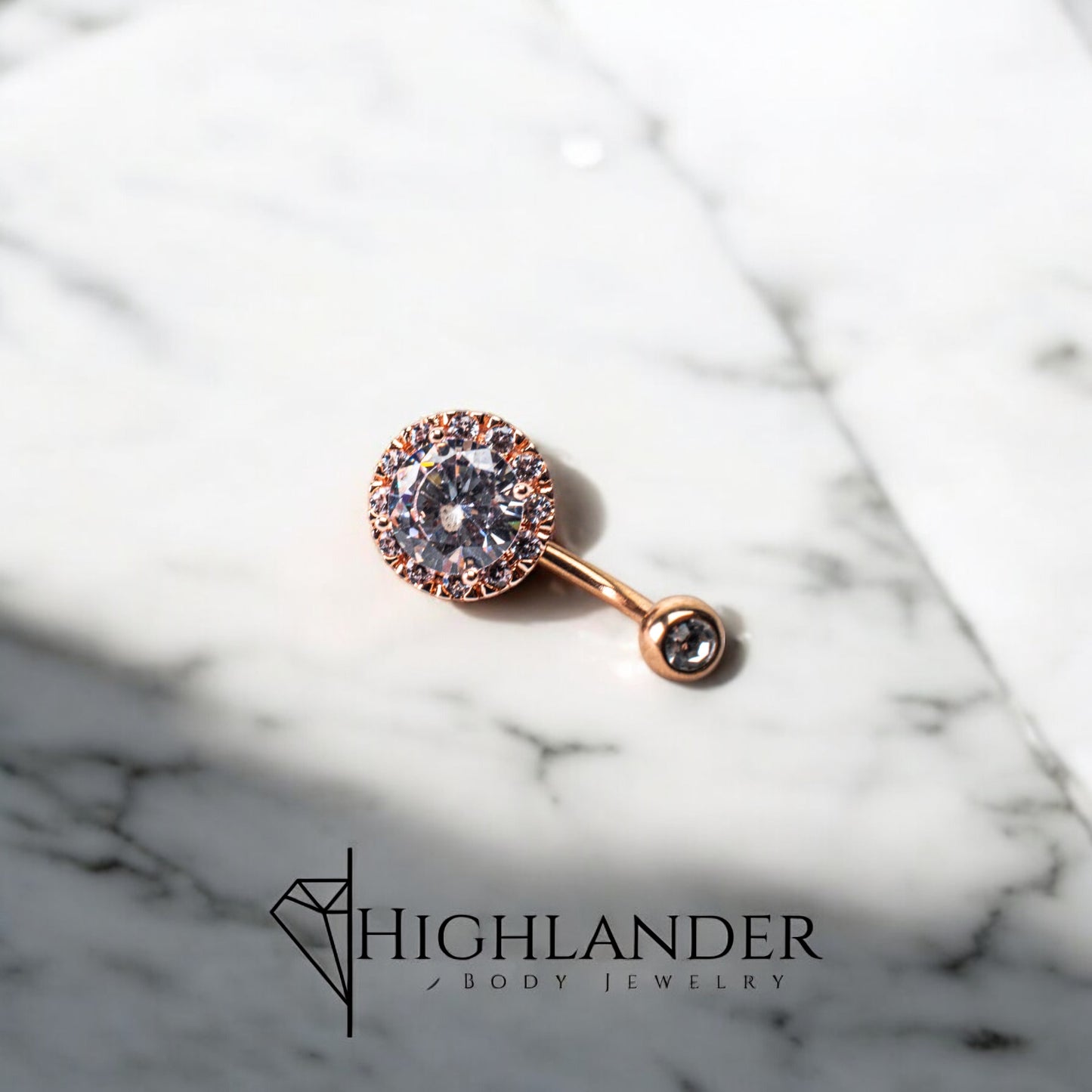 Rose Gold Clear CZ Round with Clear CZ Halo Navel Piercing - Non Dangle