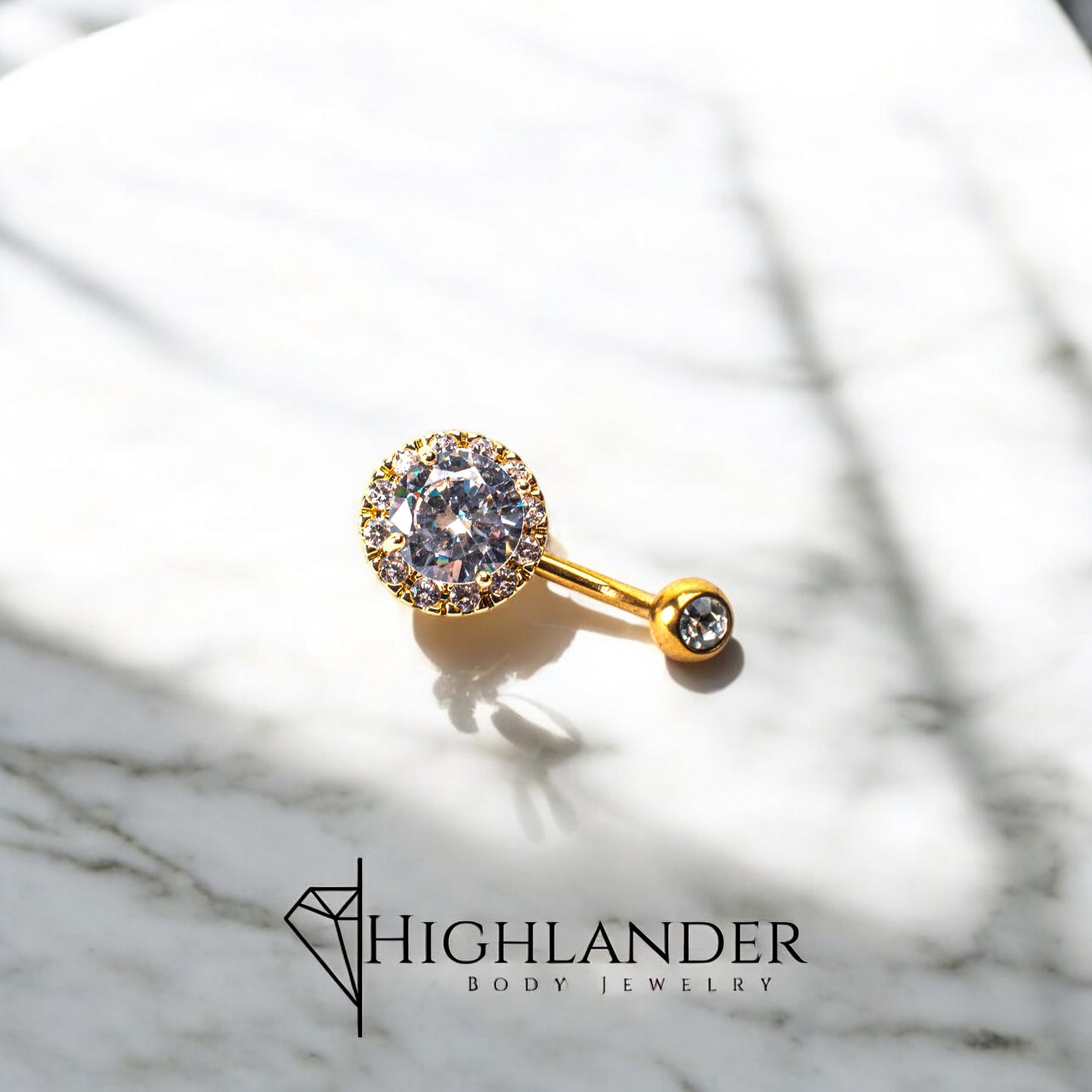 Gold Clear CZ Round with Clear CZ Halo Navel Piercing - Non Dangle