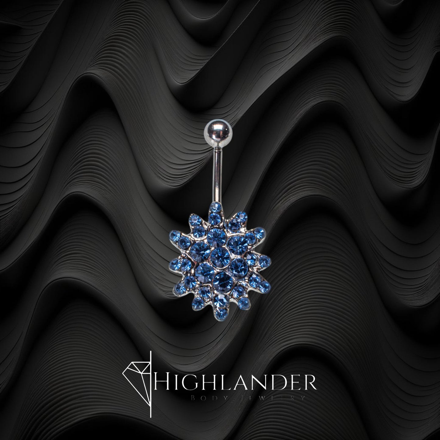 Blue CZ Sunburst Cluster Navel Piercing - Non Dangle