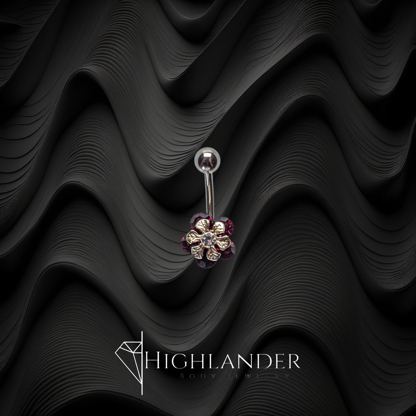 Dark Purple CZ Flower with Silver Accents Navel Piercing - Non Dangle