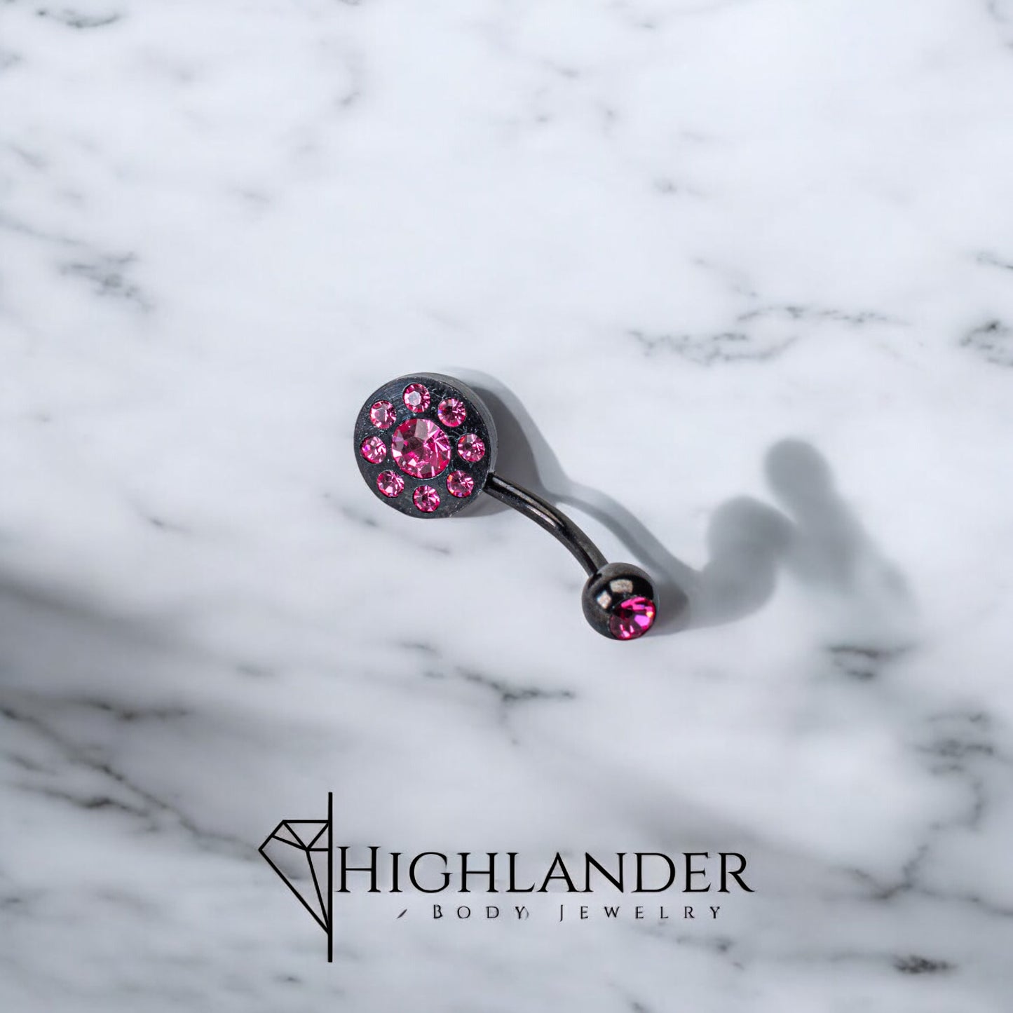 Black Circle with Pink CZ Navel Piercing - Non Dangle