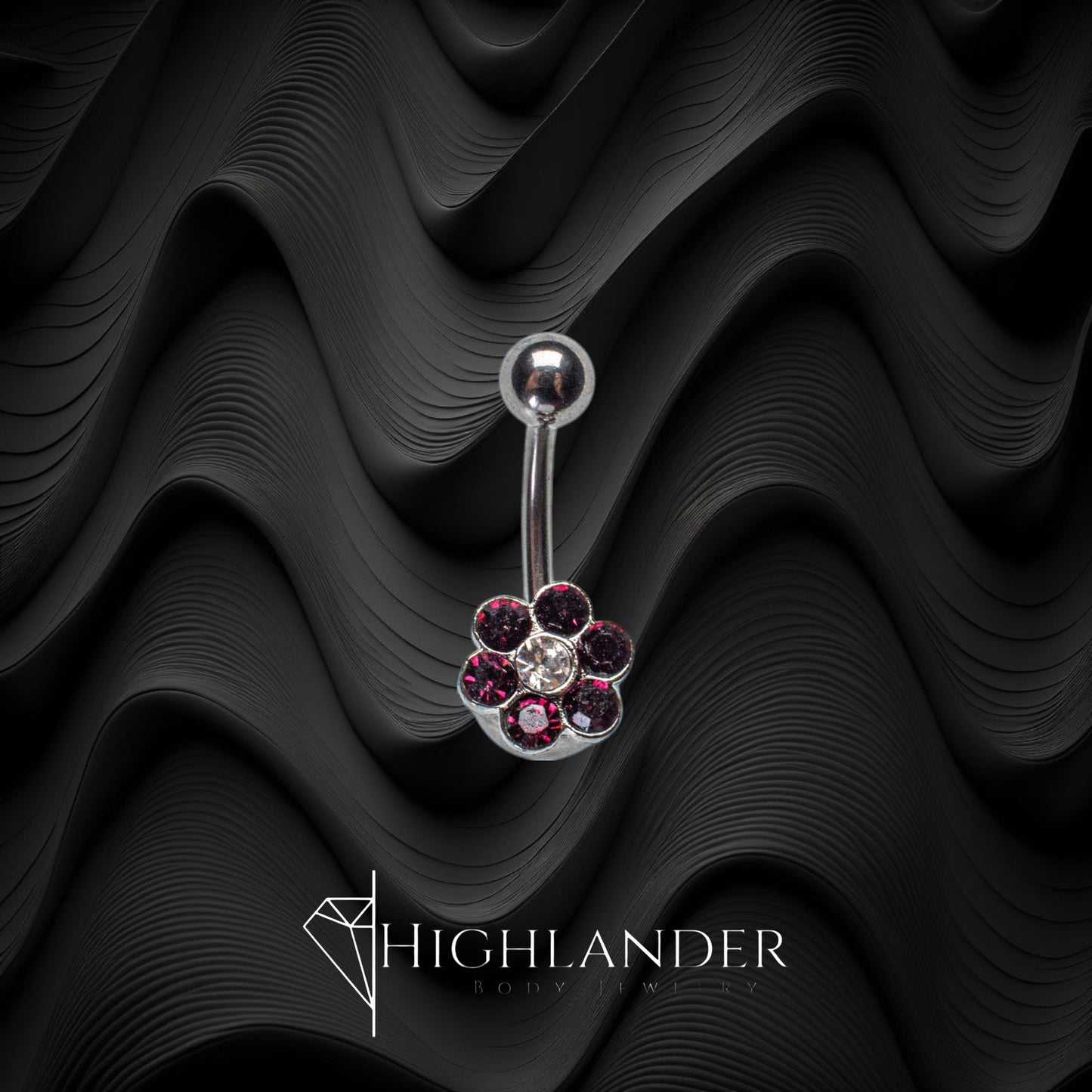 Six Dark Purple Round CZ Flower with Clear CZ Center Navel Piercing - Non Dangle