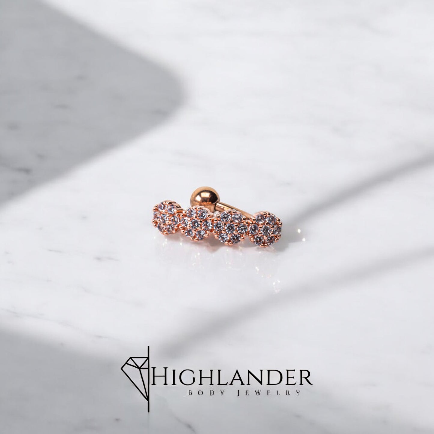 Rose Gold Top Down 4 Clear CZ Paved Flower Navel Piercing - Non Dangle