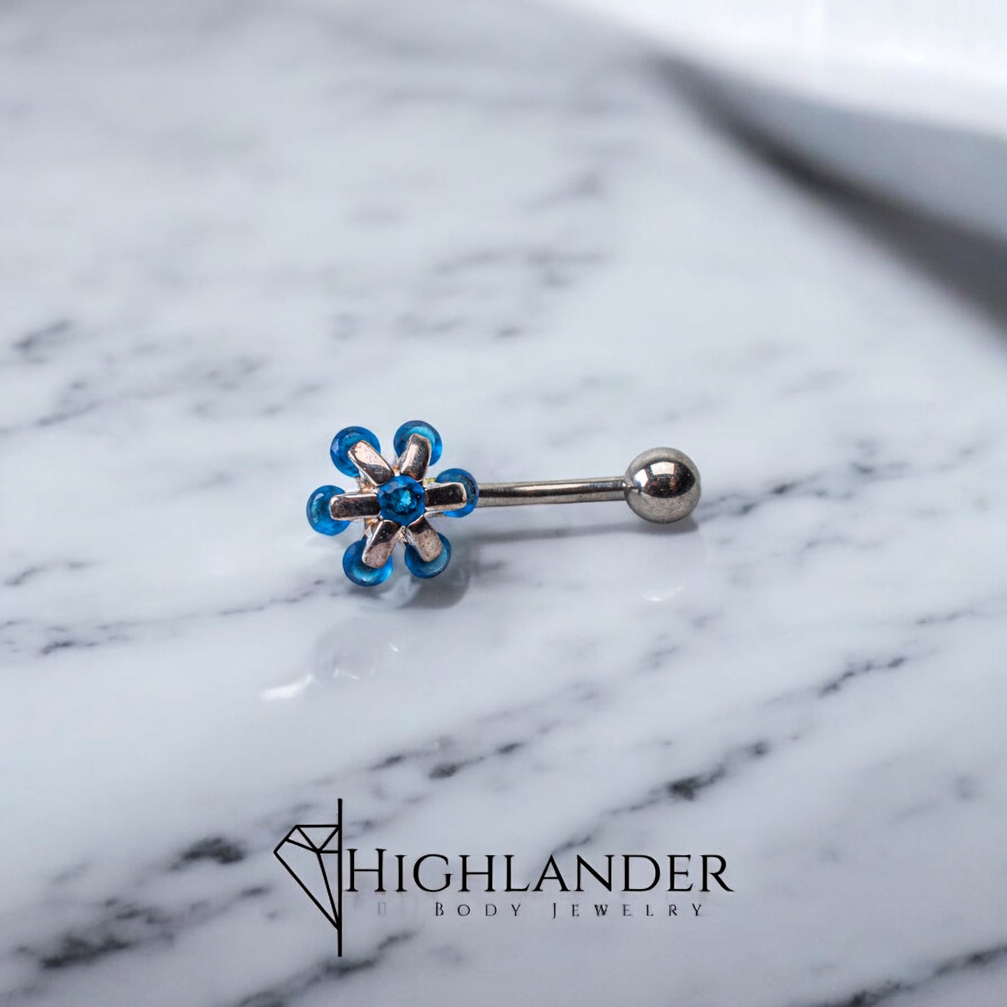 Blue CZ Flower with Silver Accents Navel Piercing - Non Dangle