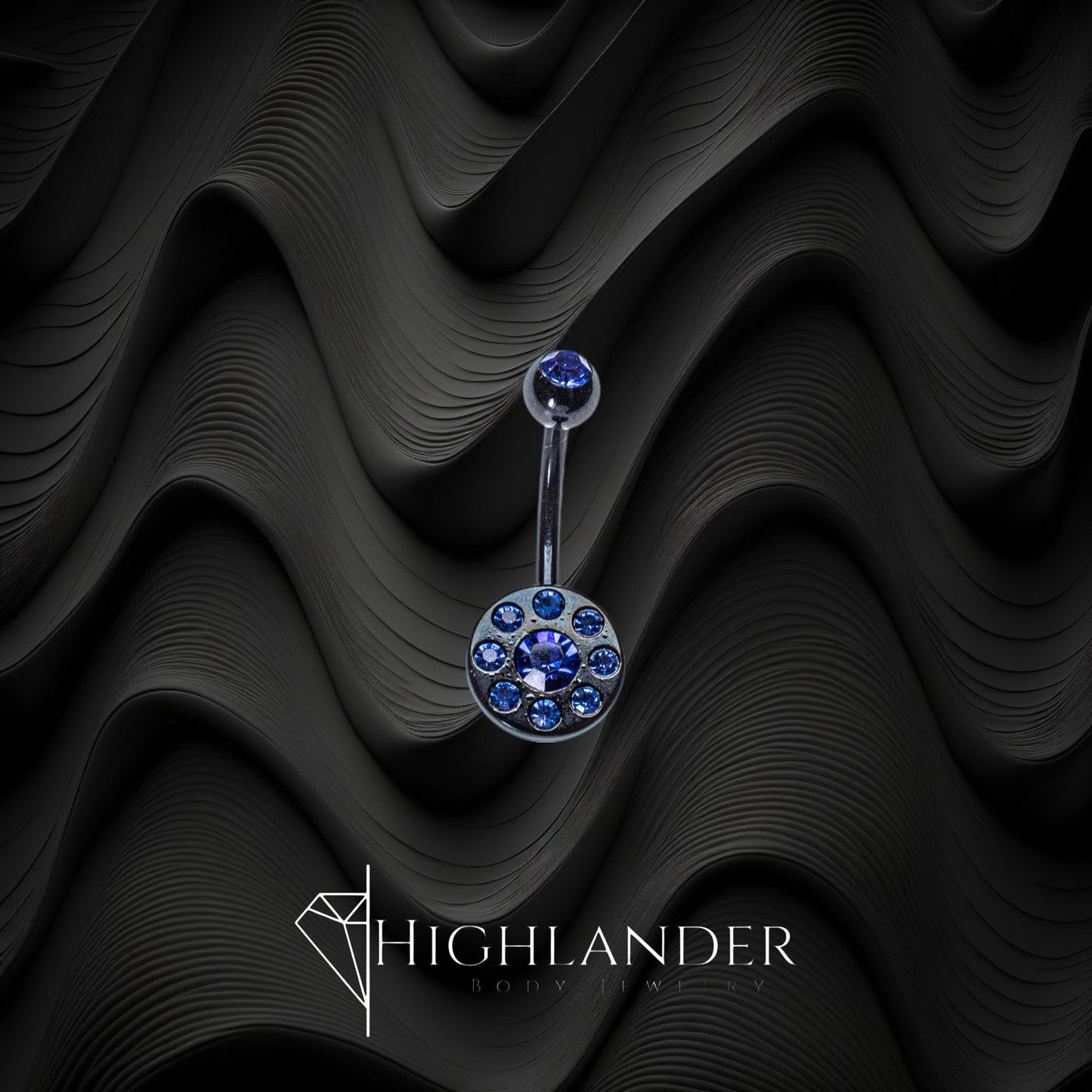 Black Round with Blue CZ Navel Piercing - Non Dangle