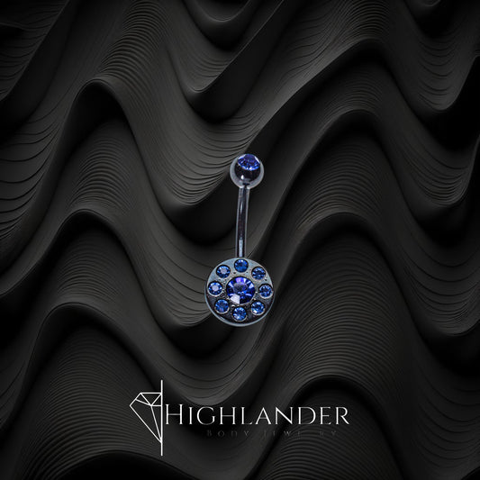 Black Round with Blue CZ Navel Piercing - Non Dangle