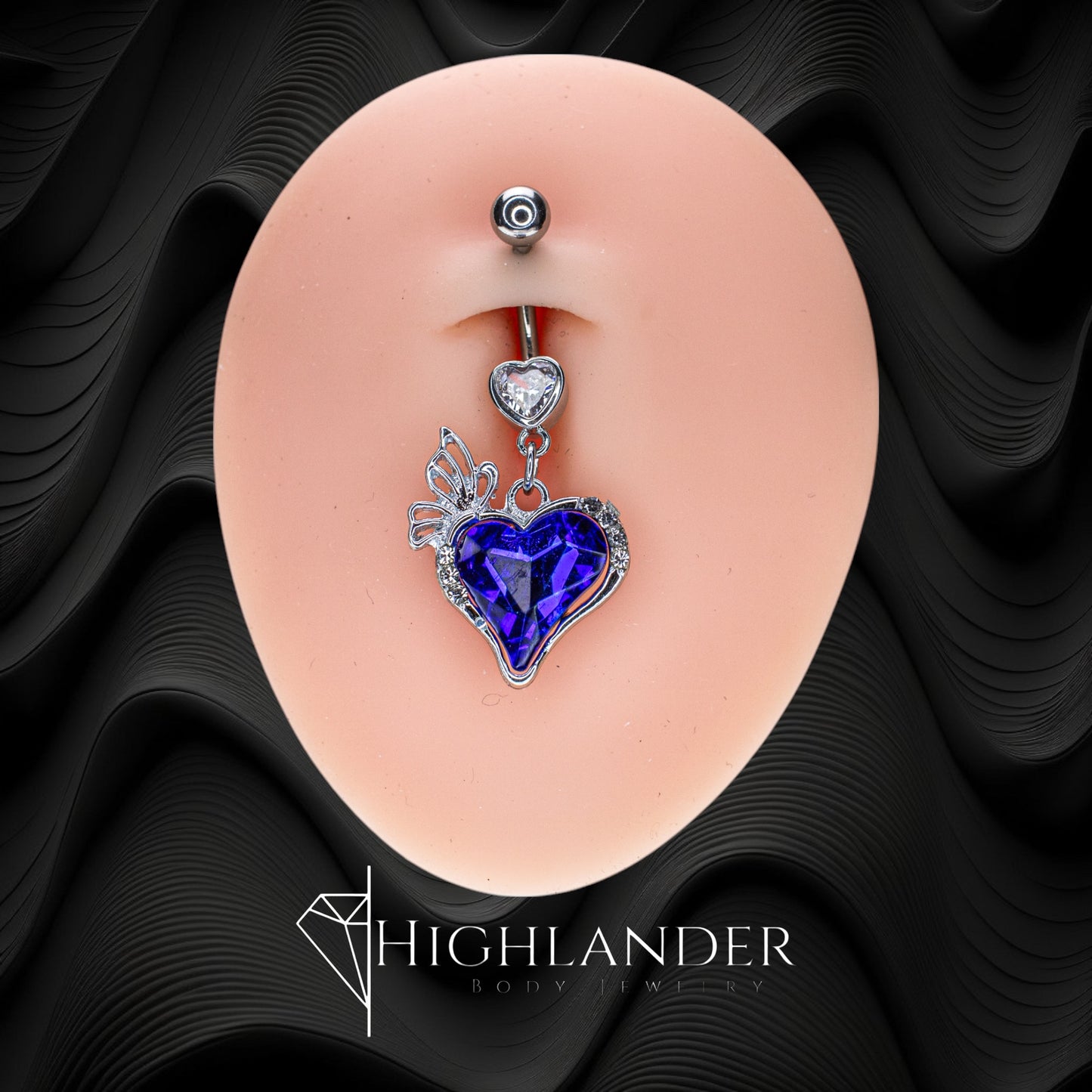 Sapphire Blue CZ Heart with Butterfly and Clear CZ Navel Piercing - Dangle