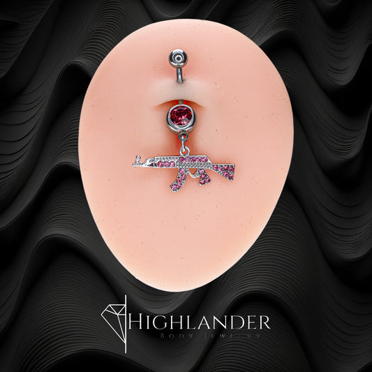 Pink CZ Paved Machine Gun Navel Piercing - Dangle