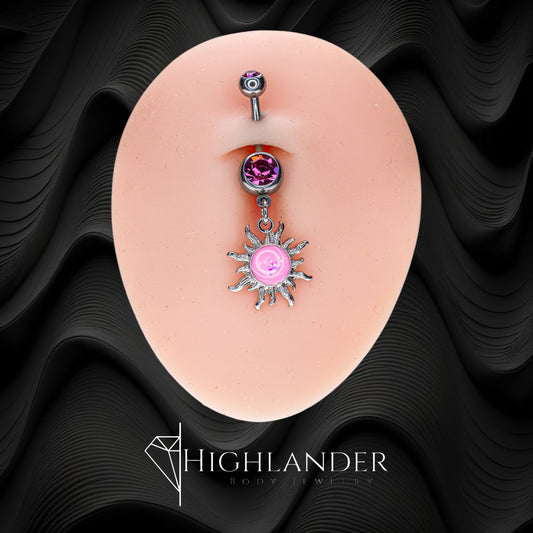 Pink Illuminating Stone Sunburst Navel Piercing - Dangle