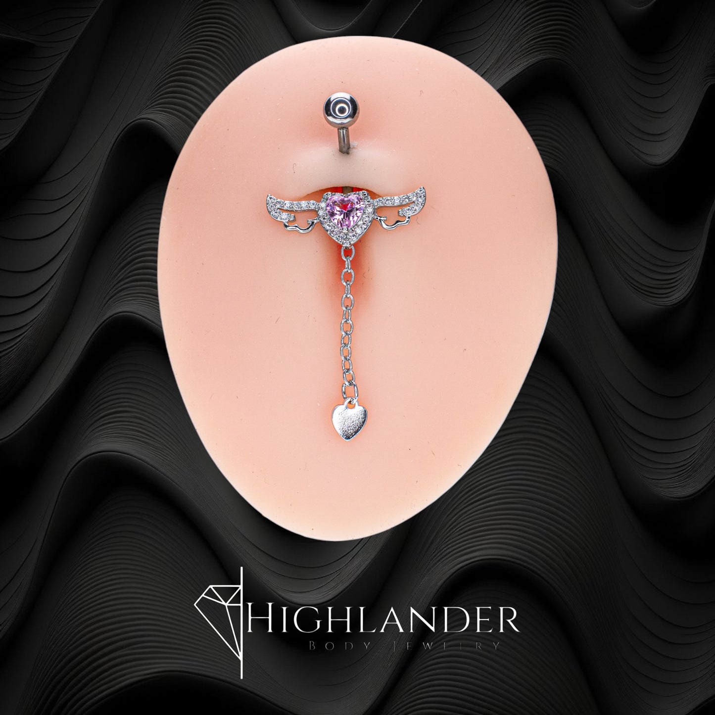 Pink CZ Heart with Clear CZ Halo and Clear CZ Accented Wings with Heart Navel Piercing - Dangle